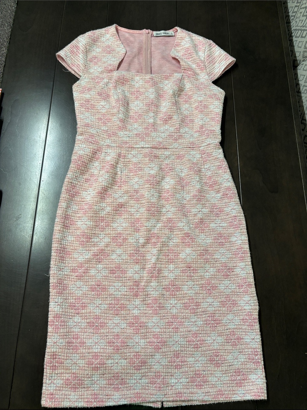 Grace Karin Pink and White Tweed Midi Sheath Dress